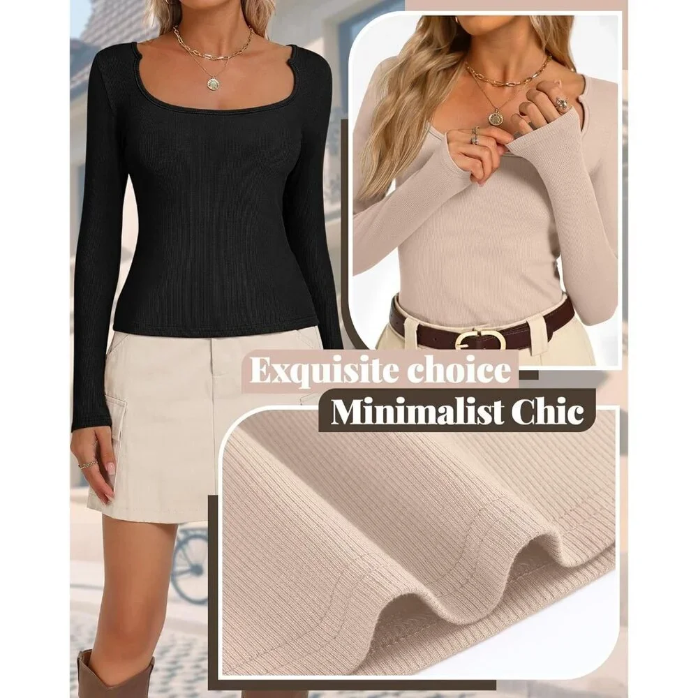 3 Pack Women's Long Sleeve T-Shirts Basic Crop Tops Slim Fit Fall Outfits - Picture 4 of 5